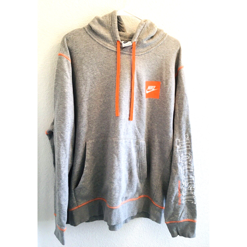 Nike Pullover Just Do It Sleeve Hit Fleece Hoodie Grey Orange Jacket Xl Men's
